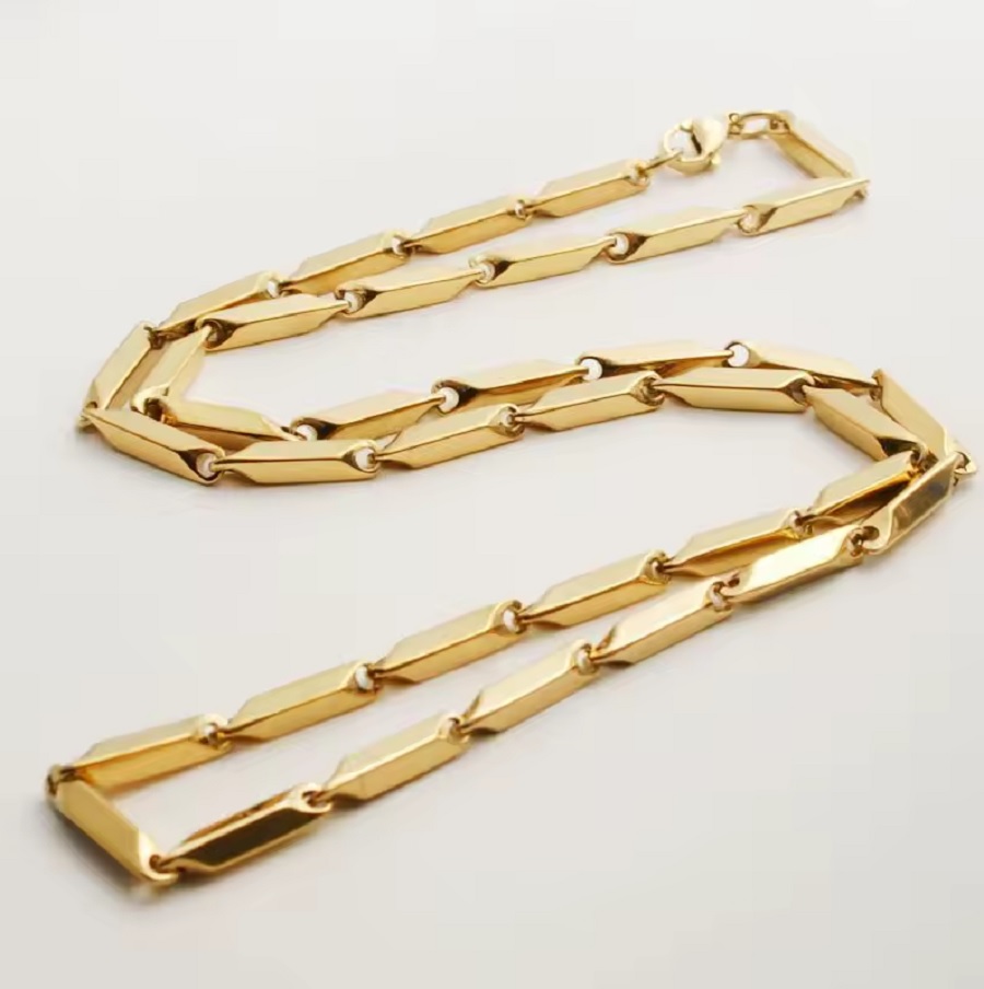 Nemesacél nyaklánc hosszúkás szemekkel arany fazonban 50 cm 3 mm vastag-06